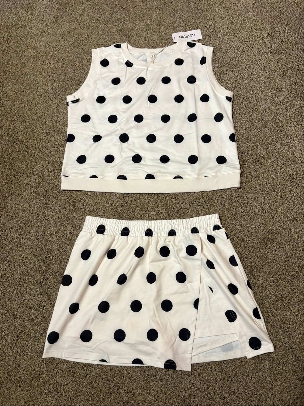 NWT ASVIVID White Black Polka Dot Set Tank Top Skirt